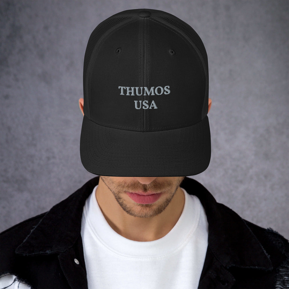 Black Trucker Cap with Thumos USA Lettering
