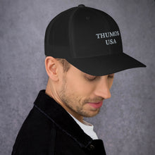 Load image into Gallery viewer, Black Trucker Cap with Thumos USA Lettering
