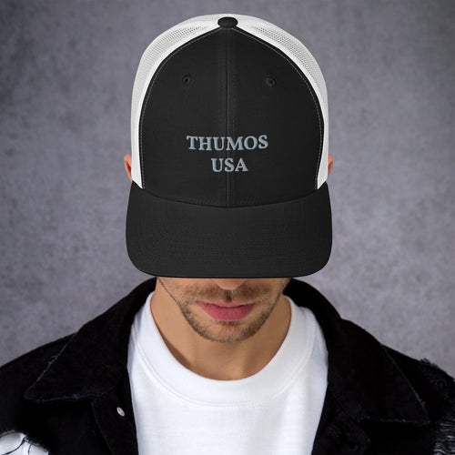 Black and Blue Trucker Cap with Thumos USA Lettering