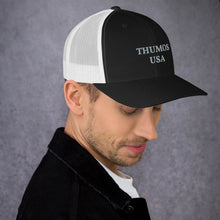 Load image into Gallery viewer, Black and White Trucker Cap with Thumos USA Lettering
