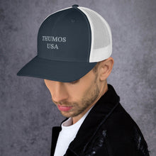 Load image into Gallery viewer, White and green Trucker Cap with Thumos USA Lettering
