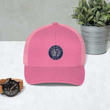 Load image into Gallery viewer, Light and dark pink Trucker Cap with Official Thumos USA Logo

